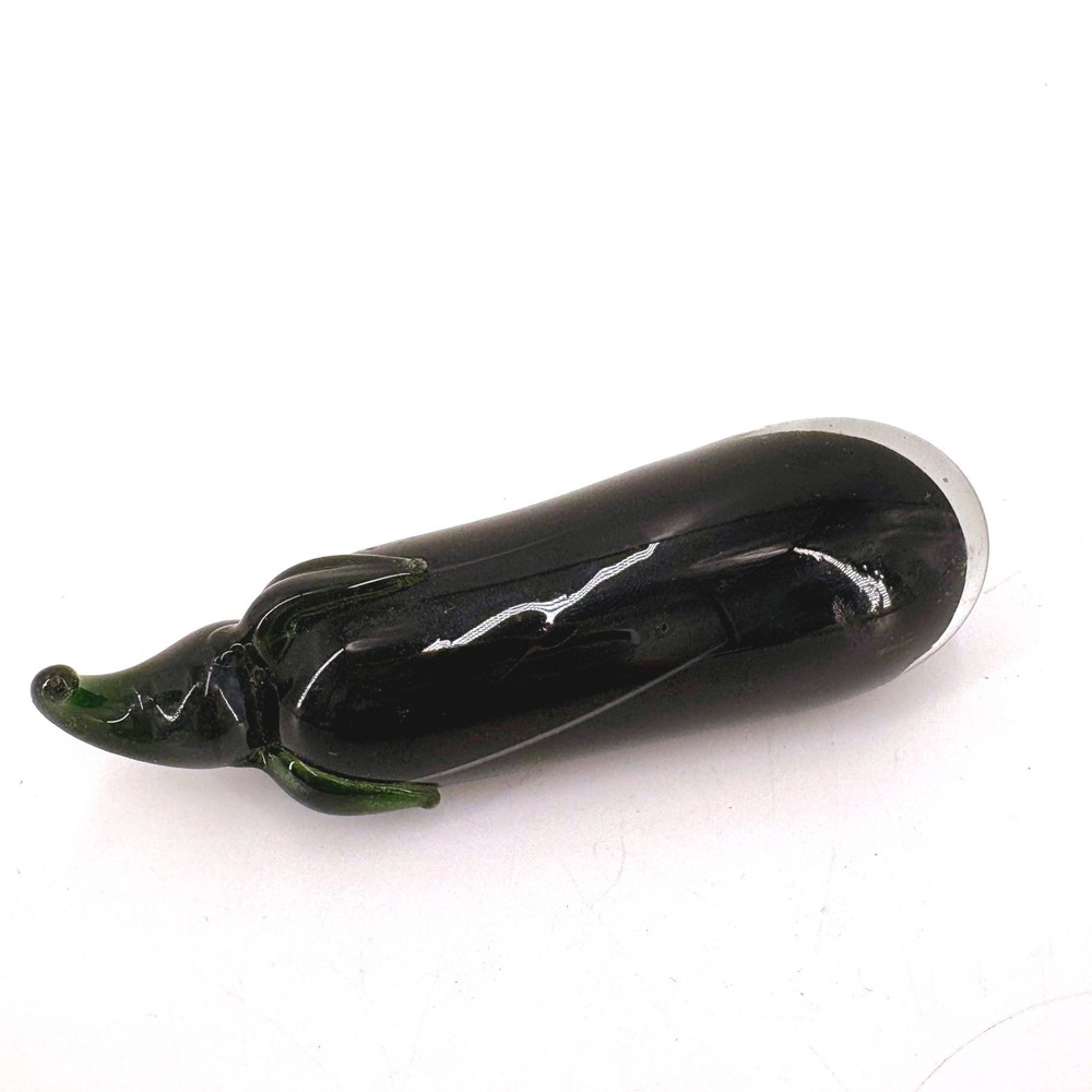 Glass Eggplant Figurine Dark Purple Green Stem Collectible Paper Weight‎